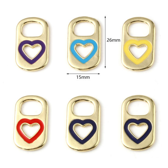 Imagen de Zamak día de San Valentín Colgantes Charms Rectángulo Chapado en Oro Multicolor Corazón Esmalte 26mm x 15mm, 10 Unidades