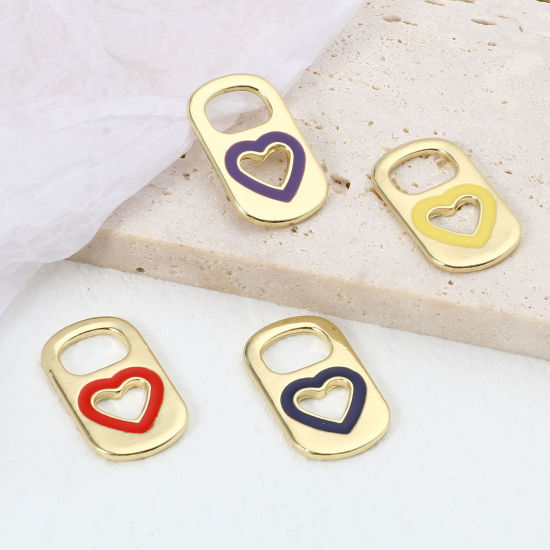 Imagen de Zamak día de San Valentín Colgantes Charms Rectángulo Chapado en Oro Multicolor Corazón Esmalte 26mm x 15mm, 10 Unidades