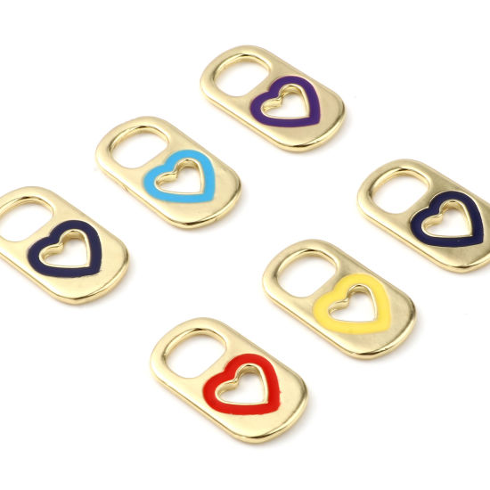 Imagen de Zamak día de San Valentín Colgantes Charms Rectángulo Chapado en Oro Multicolor Corazón Esmalte 26mm x 15mm, 10 Unidades
