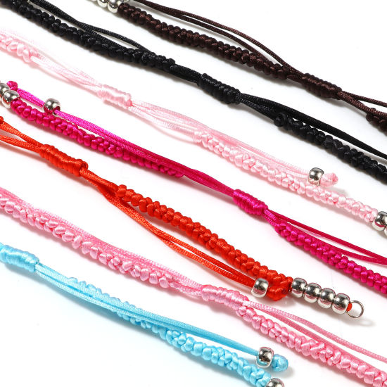Picture of Polyester Braiding Braided Bracelets Accessories Findings Silver Tone Multicolor Adjustable 19cm(7 4/8") long, 5 PCs