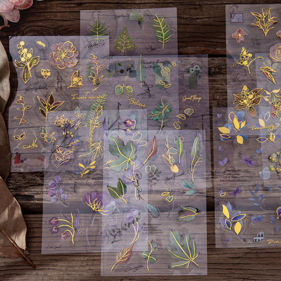 Изображение Leaf Flower Collection Series Gold Stamping PET DIY Scrapbook Stickers Decoration