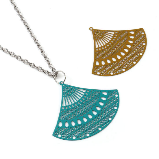 Immagine di Lega di Ferro Filigree Stamping Ciondoli A Forma di Ventagli Multicolore Filigrana 5cm x 4cm , 5 Pz