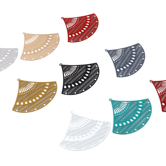 Immagine di Lega di Ferro Filigree Stamping Ciondoli A Forma di Ventagli Multicolore Filigrana 5cm x 4cm , 5 Pz