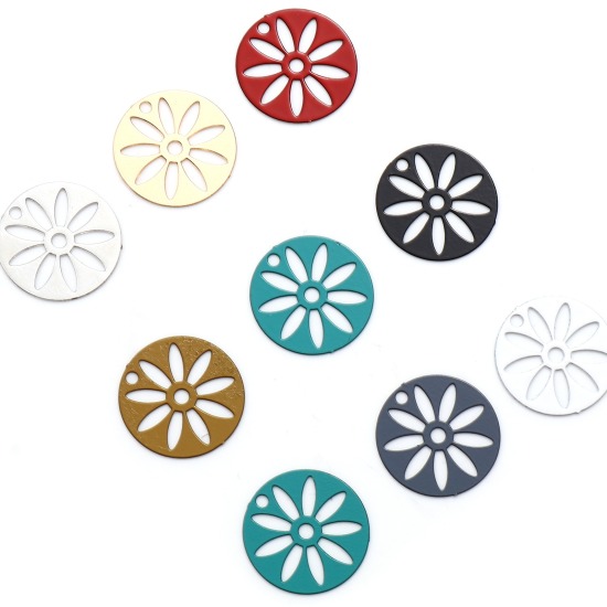 Picture of Iron Based Alloy Filigree Stamping Charms Round Multicolor Flower 16mm Dia., 50 PCs