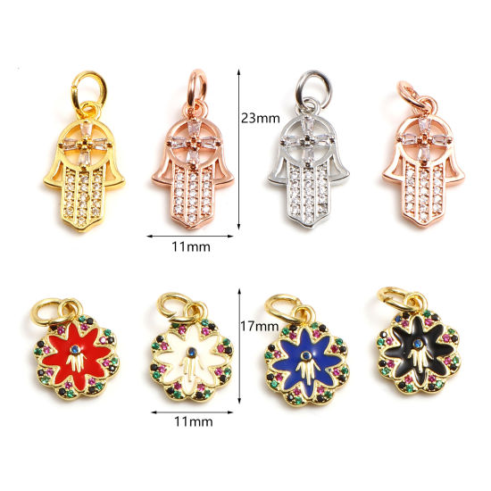 Imagen de Latón Religión Colgantes Charms Chapado en Oro Multicolor Flor Símbolo Mano Hamsa Micro Pave Multicolor Rhinestone 17mm x 11mm, 1 Unidad