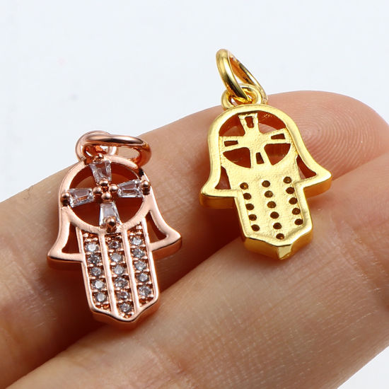 Imagen de Latón Religión Colgantes Charms Chapado en Oro Multicolor Flor Símbolo Mano Hamsa Micro Pave Multicolor Rhinestone 17mm x 11mm, 1 Unidad