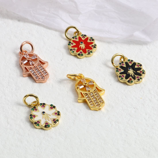 Imagen de Latón Religión Colgantes Charms Chapado en Oro Multicolor Flor Símbolo Mano Hamsa Micro Pave Multicolor Rhinestone 17mm x 11mm, 1 Unidad
