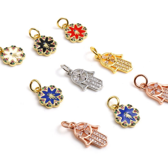 Imagen de Latón Religión Colgantes Charms Chapado en Oro Multicolor Flor Símbolo Mano Hamsa Micro Pave Multicolor Rhinestone 17mm x 11mm, 1 Unidad