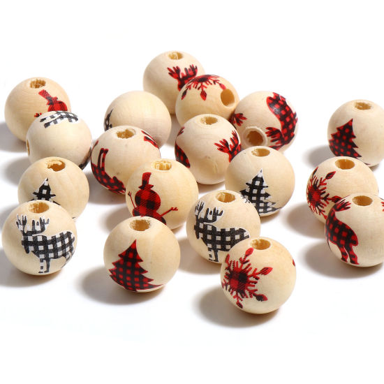 Picture of Natural Wood Christmas Spacer Beads Round Multicolor About 16mm Dia., Hole: Approx 4.4mm, 20 PCs