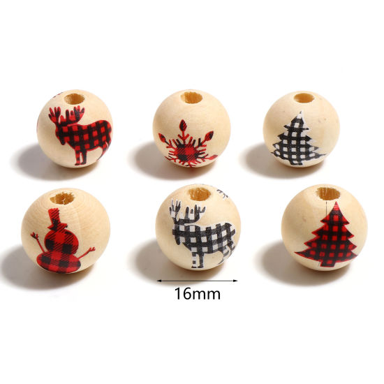 Picture of Natural Wood Christmas Spacer Beads Round Multicolor About 16mm Dia., Hole: Approx 4.4mm, 20 PCs