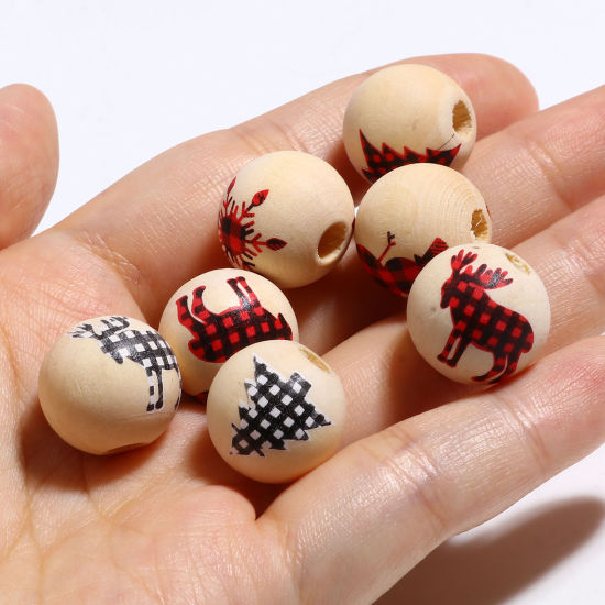 Picture of Natural Wood Christmas Spacer Beads Round Multicolor About 16mm Dia., Hole: Approx 4.4mm, 20 PCs