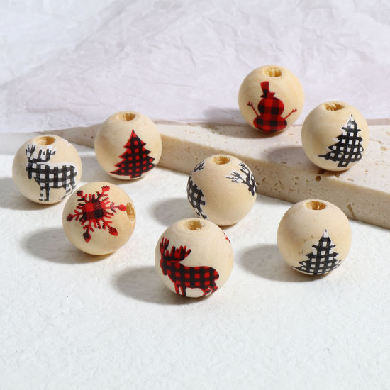 Picture of Natural Wood Christmas Spacer Beads Round Multicolor About 16mm Dia., Hole: Approx 4.4mm, 20 PCs