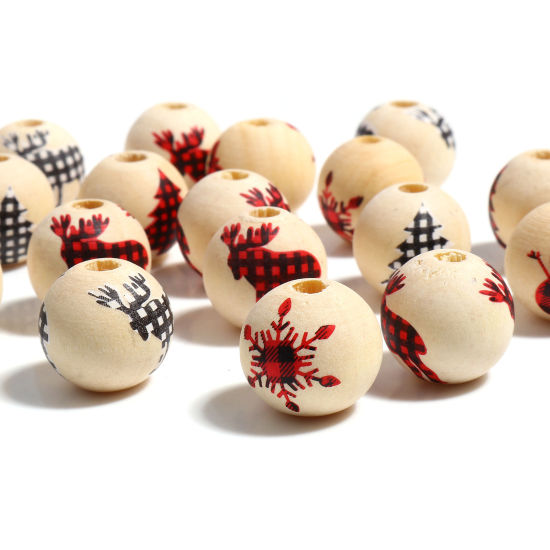 Picture of Natural Wood Christmas Spacer Beads Round Multicolor About 16mm Dia., Hole: Approx 4.4mm, 20 PCs