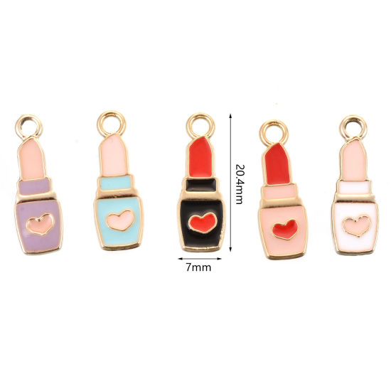 Immagine di Lega di Zinco Cosmetico Charms Rossetto Oro Placcato Multicolore Cuore Smalto 20mm x 7mm , 10 Pz