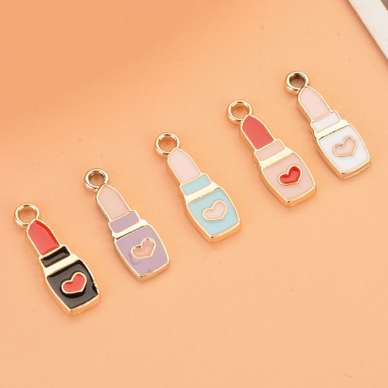 Immagine di Lega di Zinco Cosmetico Charms Rossetto Oro Placcato Multicolore Cuore Smalto 20mm x 7mm , 10 Pz