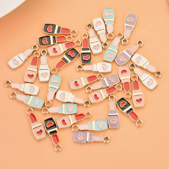 Immagine di Lega di Zinco Cosmetico Charms Rossetto Oro Placcato Multicolore Cuore Smalto 20mm x 7mm , 10 Pz