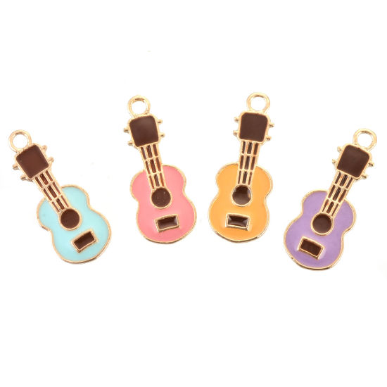 Immagine di Lega di Zinco Charms Strumento Musicale Chitarra Oro Placcato Multicolore Smalto 23mm x 9mm , 10 Pz