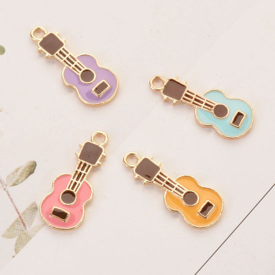 Immagine di Lega di Zinco Charms Strumento Musicale Chitarra Oro Placcato Multicolore Smalto 23mm x 9mm , 10 Pz