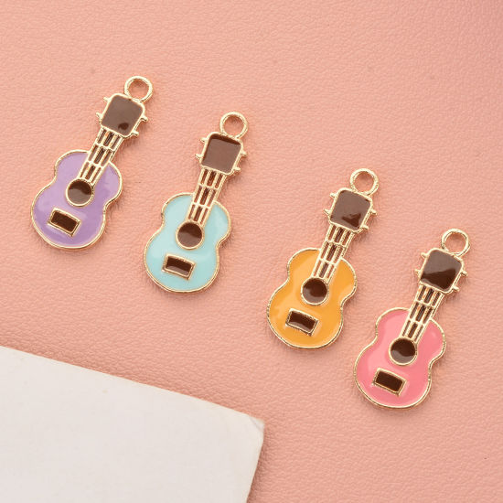 Immagine di Lega di Zinco Charms Strumento Musicale Chitarra Oro Placcato Multicolore Smalto 23mm x 9mm , 10 Pz