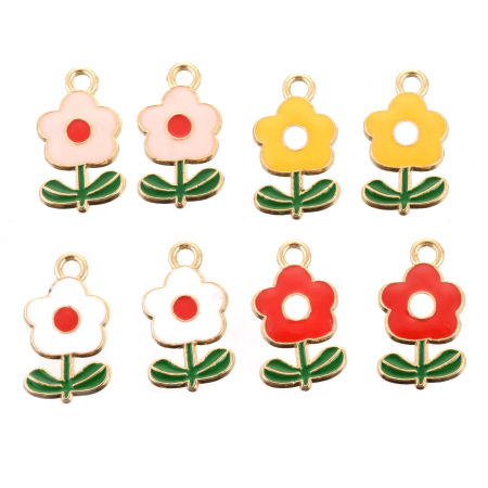 Zamak Colgantes Charms Flor Hoja Chapado en Oro Multicolor Esmalte 19.5mm x 12mm, 10 Unidades
