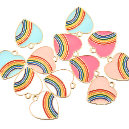 Zamak Colgantes Charms Corazón Chapado en Oro Multicolor Arco Iris Esmalte 20mm x 18mm, 10 Unidades