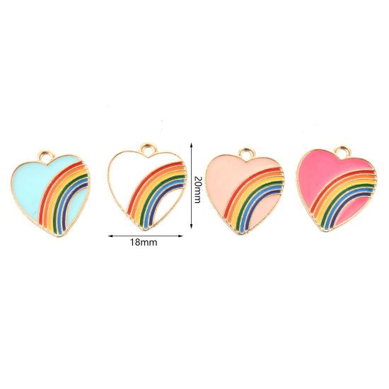 Immagine di Lega di Zinco Charms Cuore Oro Placcato Multicolore Arcobaleno Smalto 20mm x 18mm , 10 Pz