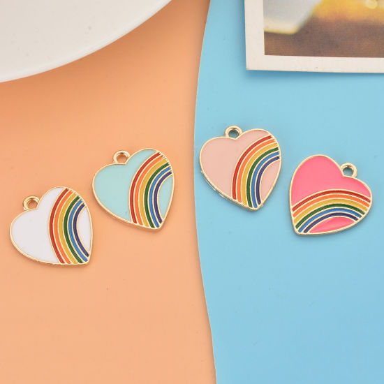 Immagine di Lega di Zinco Charms Cuore Oro Placcato Multicolore Arcobaleno Smalto 20mm x 18mm , 10 Pz