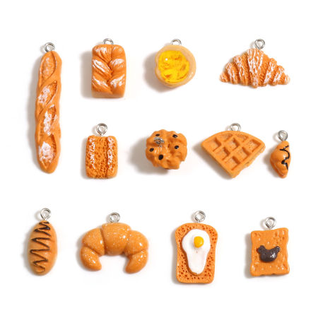 Resin Pendants Bread Silver Tone Orange 10 PCs