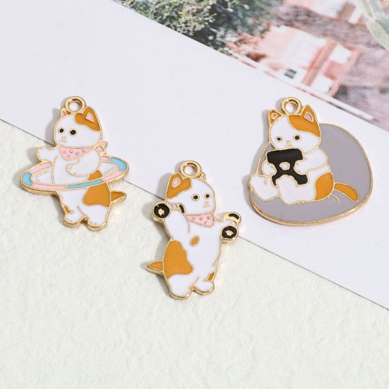 Picture of Zinc Based Alloy Charms Cat Animal Gold Plated Multicolor Enamel 5 PCs