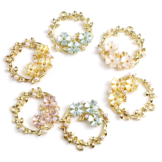 Picture of Zinc Based Alloy & Acrylic Charms Gold Plated Multicolor Wreath Imitation Pearl 24mm x 23mm, 2 PCs