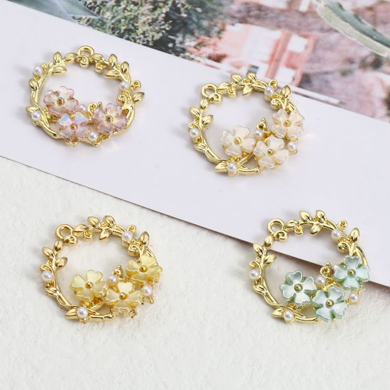 Picture of Zinc Based Alloy & Acrylic Charms Gold Plated Multicolor Wreath Imitation Pearl 24mm x 23mm, 2 PCs