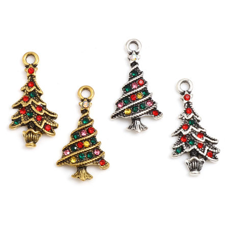 Lega di Zinco Charms Albero di Natale Multicolore Strass 25mm x 13mm , 5 Pz