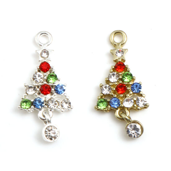 Picture of Zinc Based Alloy Charms Christmas Tree Multicolor Rhinestone 28mm x 13mm, 5 PCs