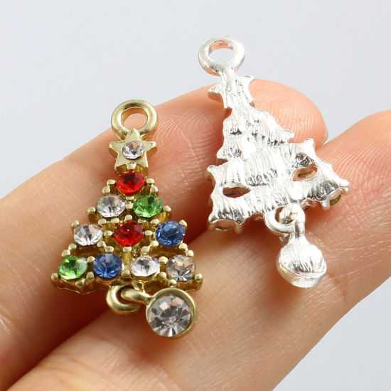 Picture of Zinc Based Alloy Charms Christmas Tree Multicolor Rhinestone 28mm x 13mm, 5 PCs