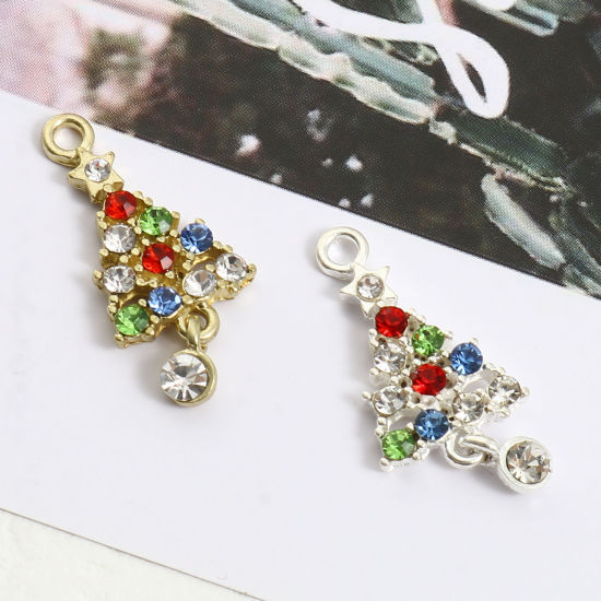 Picture of Zinc Based Alloy Charms Christmas Tree Multicolor Rhinestone 28mm x 13mm, 5 PCs