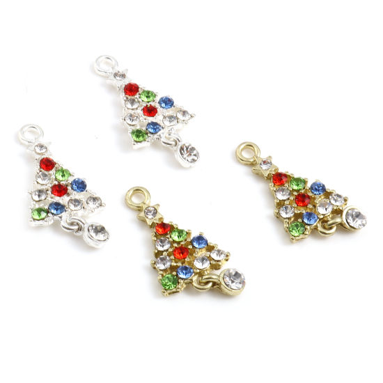 Picture of Zinc Based Alloy Charms Christmas Tree Multicolor Rhinestone 28mm x 13mm, 5 PCs