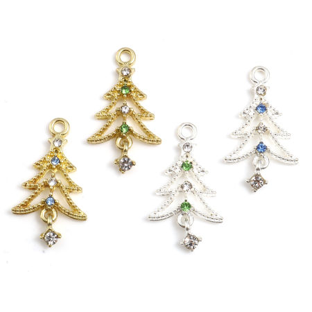 Zinc Based Alloy Charms Christmas Tree Multicolor Rhinestone 27mm x 15mm, 10 PCs