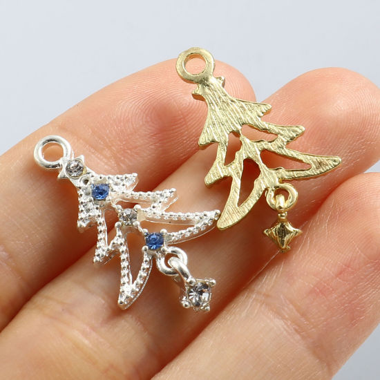 Picture of Zinc Based Alloy Charms Christmas Tree Multicolor Rhinestone 27mm x 15mm, 10 PCs