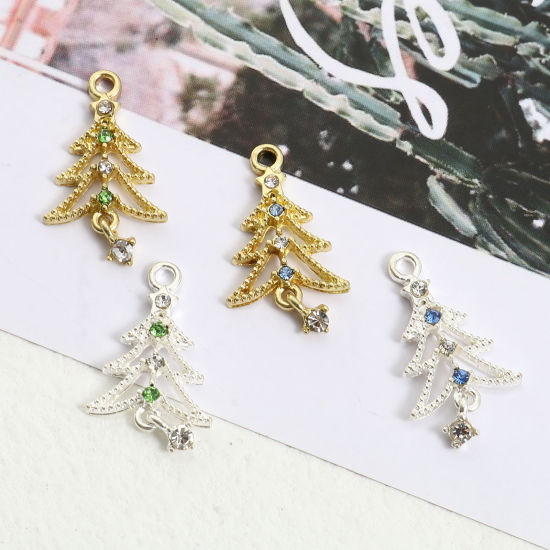 Picture of Zinc Based Alloy Charms Christmas Tree Multicolor Rhinestone 27mm x 15mm, 10 PCs