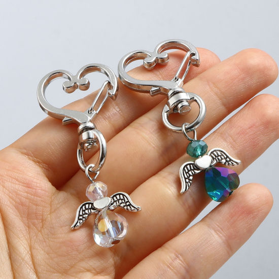 Picture of Acrylic Keychain & Keyring Antique Silver Color Multicolor Angel Heart 5.6cm x 2.4cm, 5 PCs