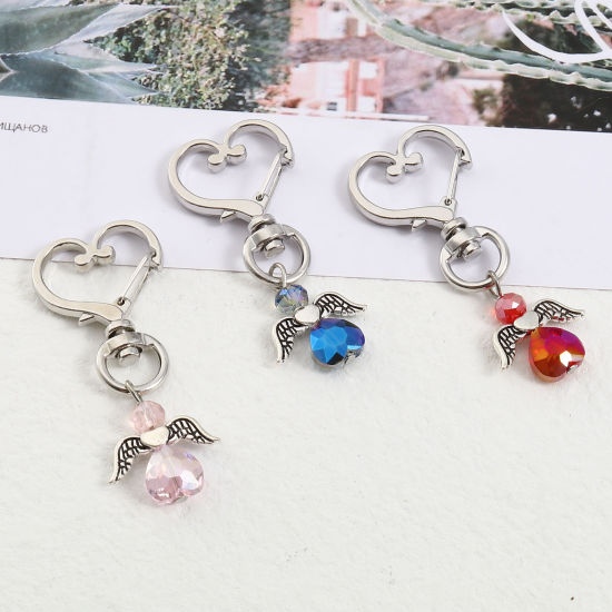 Picture of Acrylic Keychain & Keyring Antique Silver Color Multicolor Angel Heart 5.6cm x 2.4cm, 5 PCs