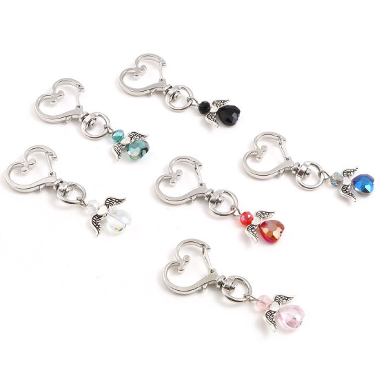 Picture of Acrylic Keychain & Keyring Antique Silver Color Multicolor Angel Heart 5.6cm x 2.4cm, 5 PCs