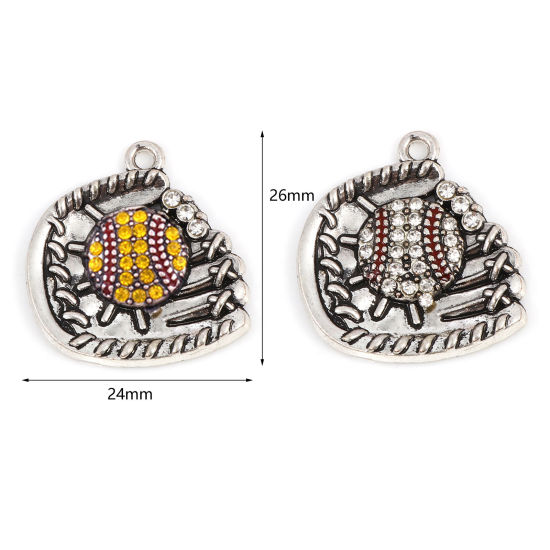 Immagine di Lega di Zinco Sport Charms Baseball Argento Antico Multicolore Guanto Giallo Strass Smalto 26mm x 24mm , 1 Pz