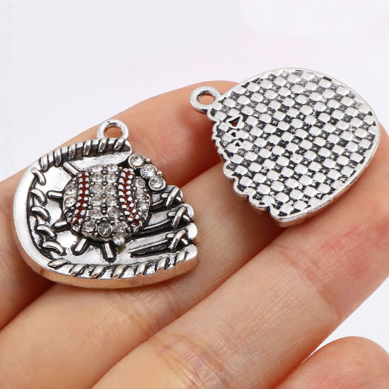 Immagine di Lega di Zinco Sport Charms Baseball Argento Antico Multicolore Guanto Giallo Strass Smalto 26mm x 24mm , 1 Pz