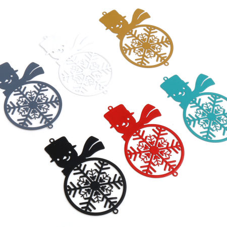 Brass Filigree Stamping Connectors Christmas Snowman Multicolor Snowflake Painted 6.2cm x 4.1cm, 5 PCs