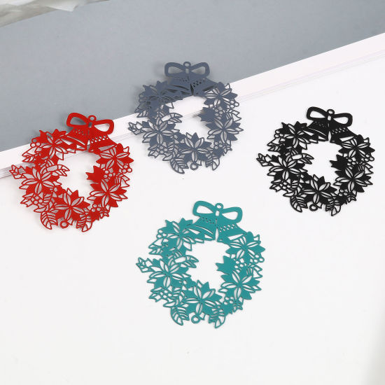 Bild von Messing Filigran Stempel Verzierung Verbinder Weihnachten Weihnachtskranz Bunt Spritzlackierung 5.5cm x 4.6cm, 5 Stück