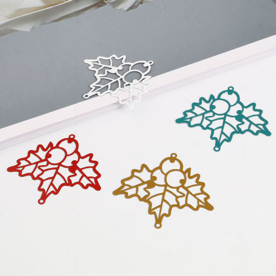 Picture of Brass Filigree Stamping Connectors Christmas Holly Leaf Multicolor Painted 5cm x 4.5cm, 5 PCs                                                                                                                                                                 