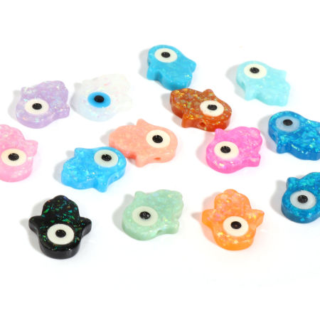 Resin Religious Spacer Beads Hamsa Symbol Hand Multicolor Evil Eye Pattern Foil About 14mm x 12mm, Hole: Approx 1.4mm, 2 PCs
