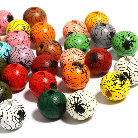 Picture of Natural Wood Spacer Beads Round Multicolor Halloween Spider About 16mm Dia., Hole: Approx 4.5mm - 3.6mm, 20 PCs
