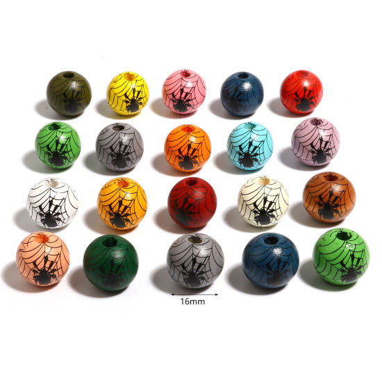 Picture of Natural Wood Spacer Beads Round Multicolor Halloween Spider About 16mm Dia., Hole: Approx 4.5mm - 3.6mm, 20 PCs